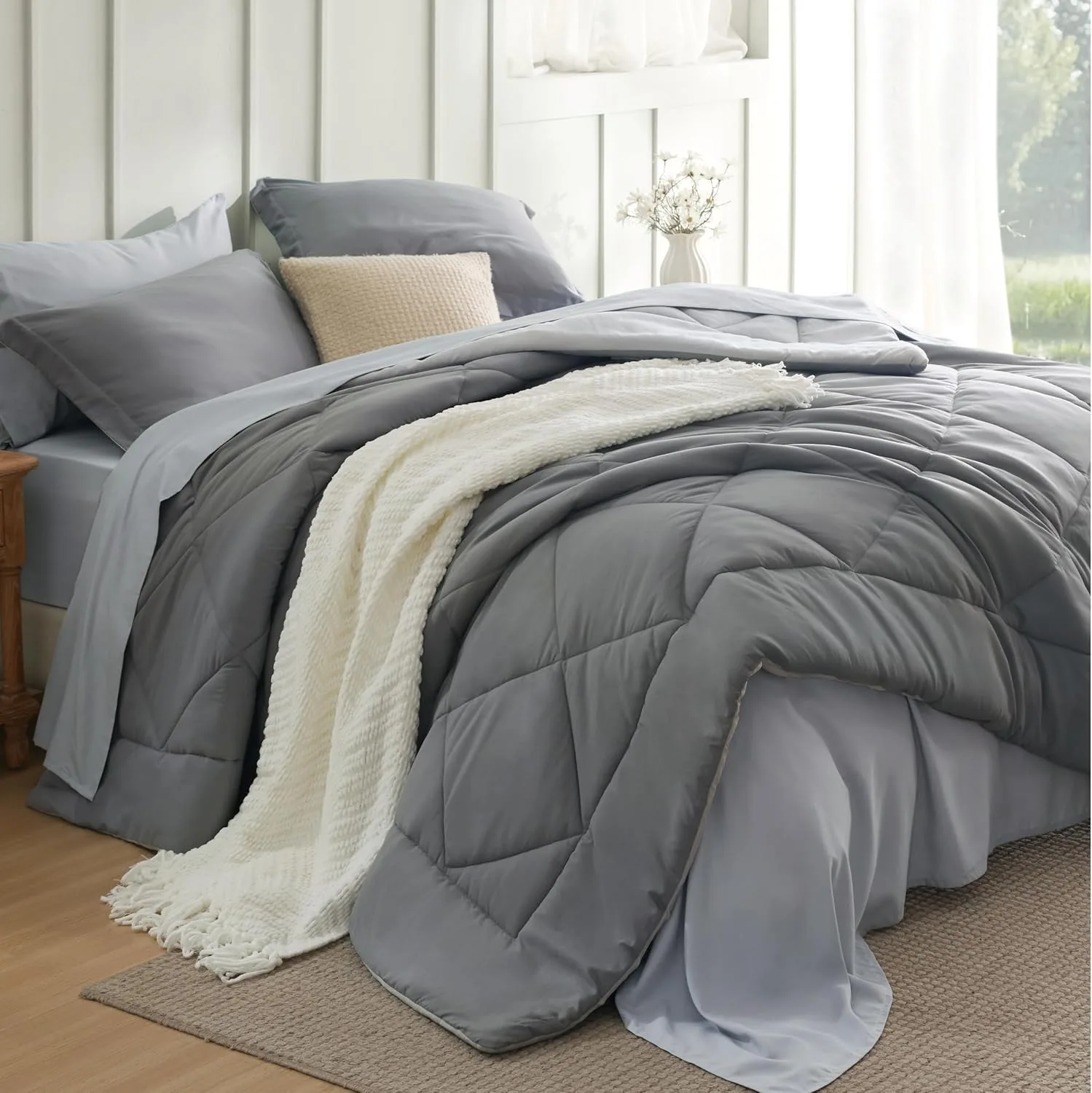 Bedsure Queen Comforter Set - 7 Pieces Reversible Grey Bedding