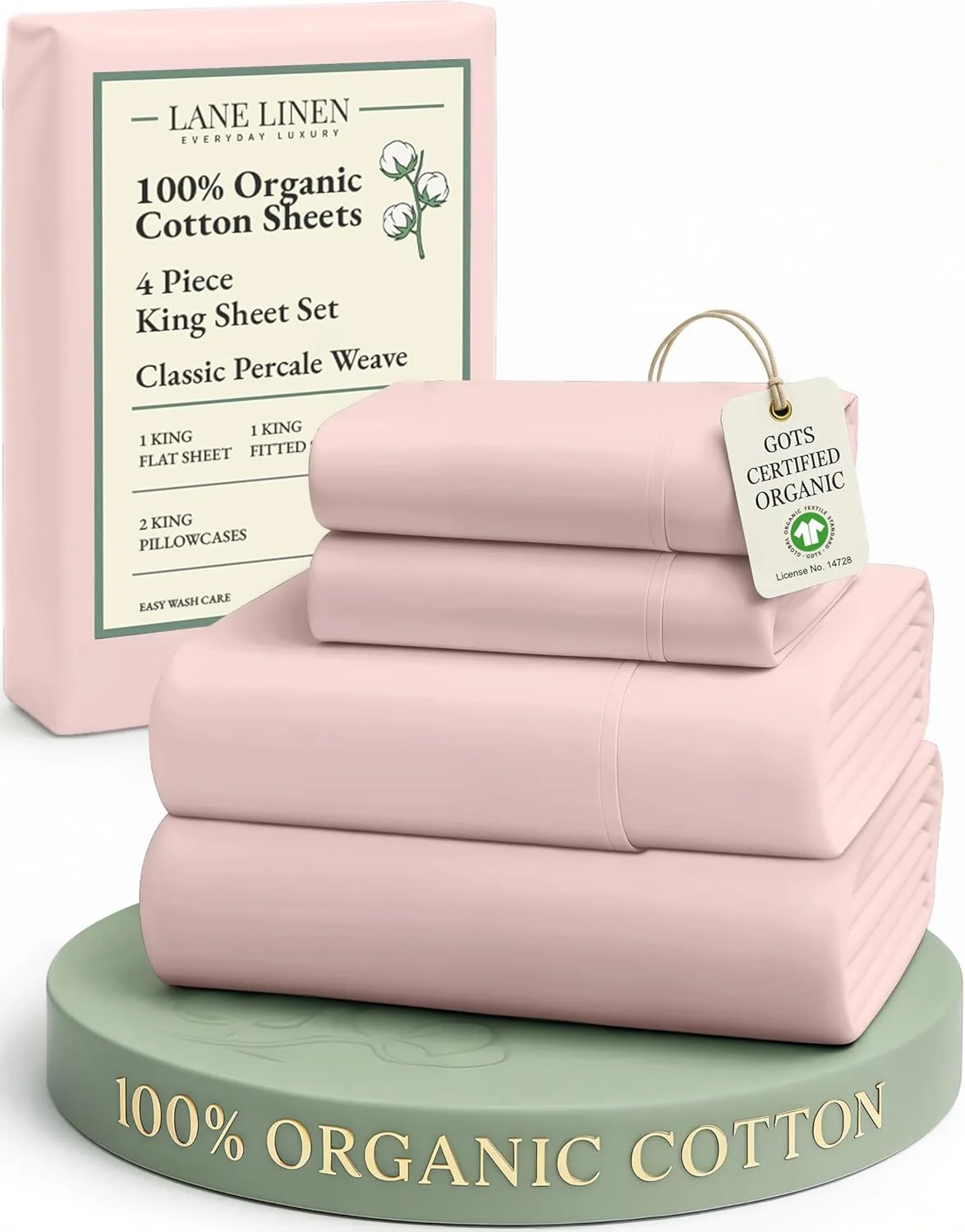 LANE Linen 100% Organic Cotton King Size Sheets Set