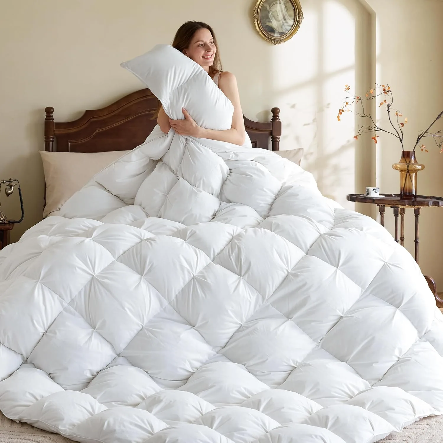 Kakabell Pinch Pleat Goose Down Feathers Fiber Comforter Full/Queen Size All Season-Ultra Soft and