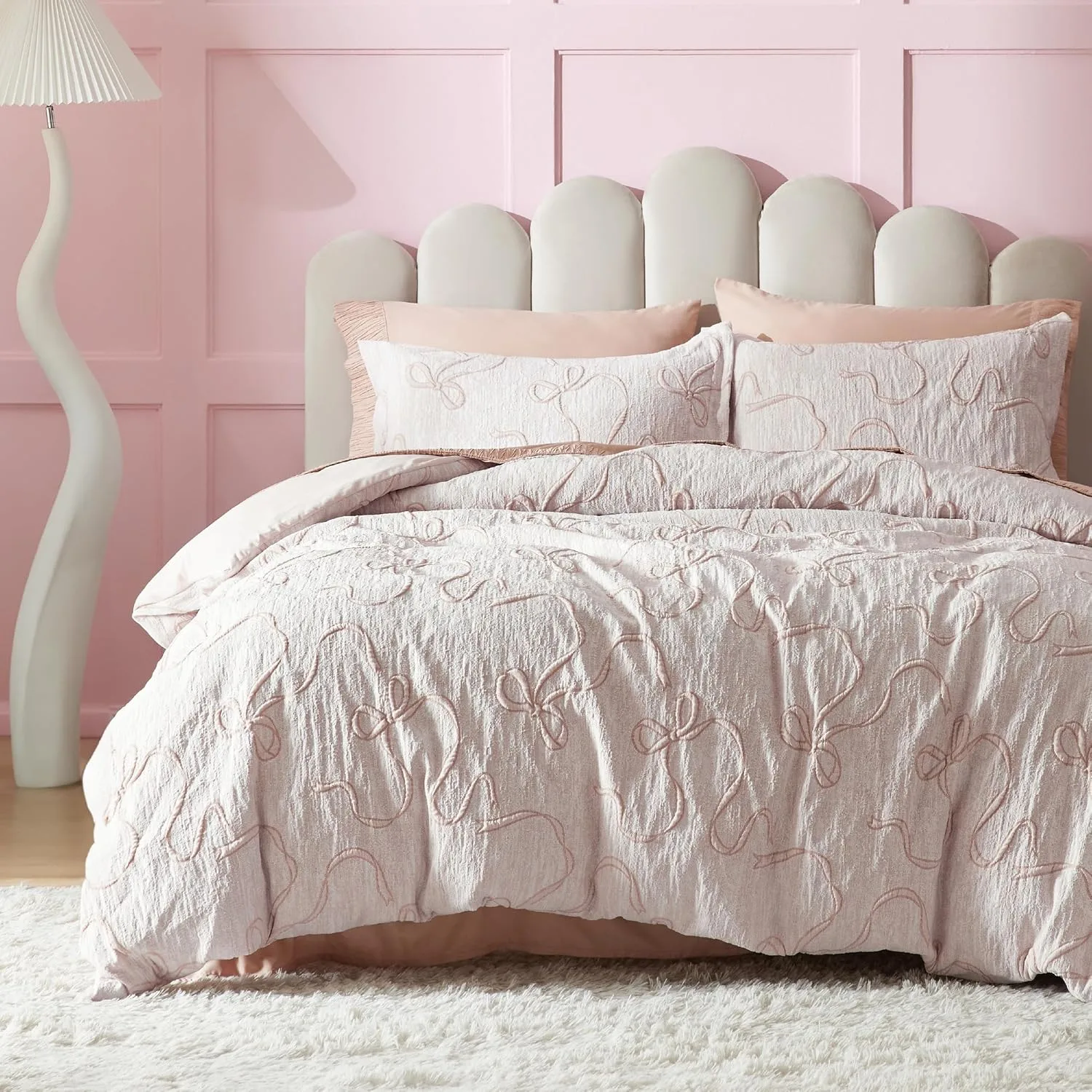Bedsure Pink Duvet Cover Queen Size with Bowknot Jacquard Design